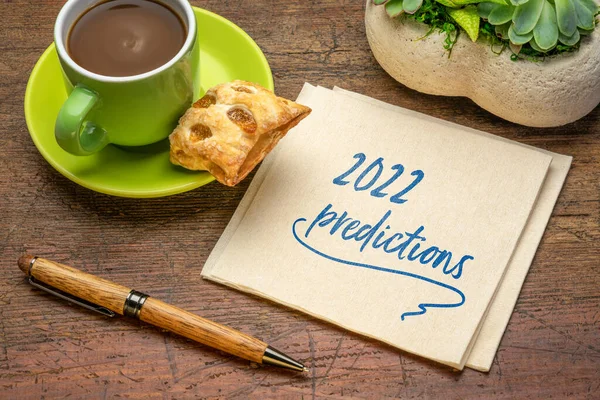 2022 Predictions Handwriting Napkin Cup Coffee Business Financial Trends Expectations — Stock Photo, Image