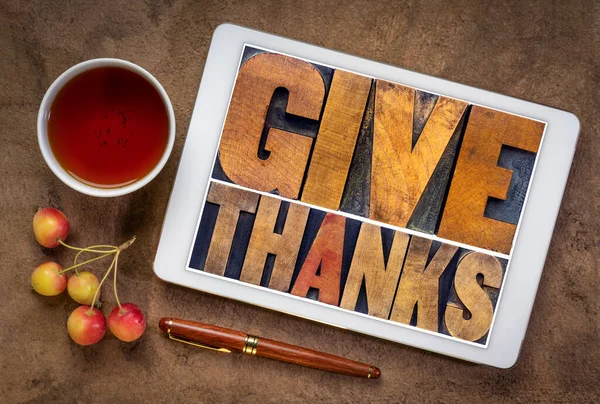 Give Thanks Word Abstract Letterpress Wood Type Digital Tablet Cup — Stock Photo, Image