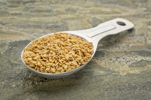 Spoon of gold flax seeds — Stock Photo, Image