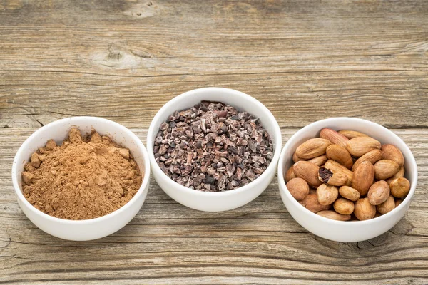 Cacao beans, nibs and powder — Stock Photo, Image