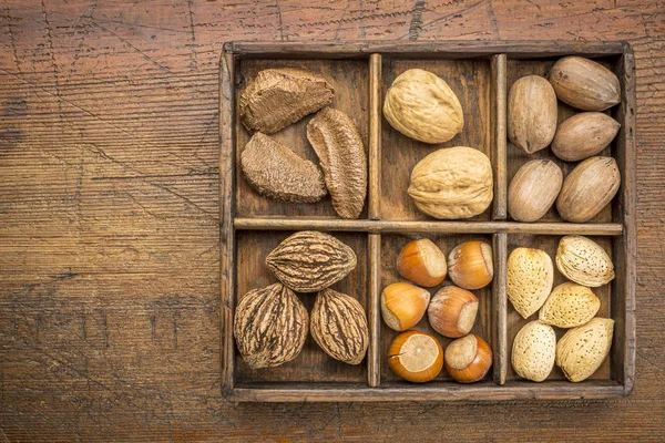 Ořechy v rustikální dřevěný box — Stock fotografie