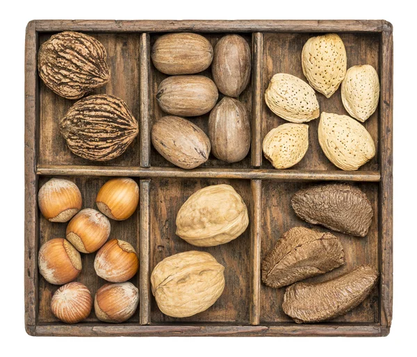 Nueces en caja de madera rústica —  Fotos de Stock