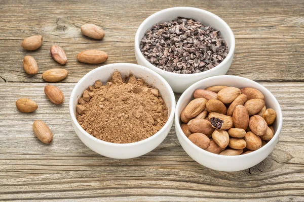 Kakaobohnen, Federn und Pulver — Stockfoto