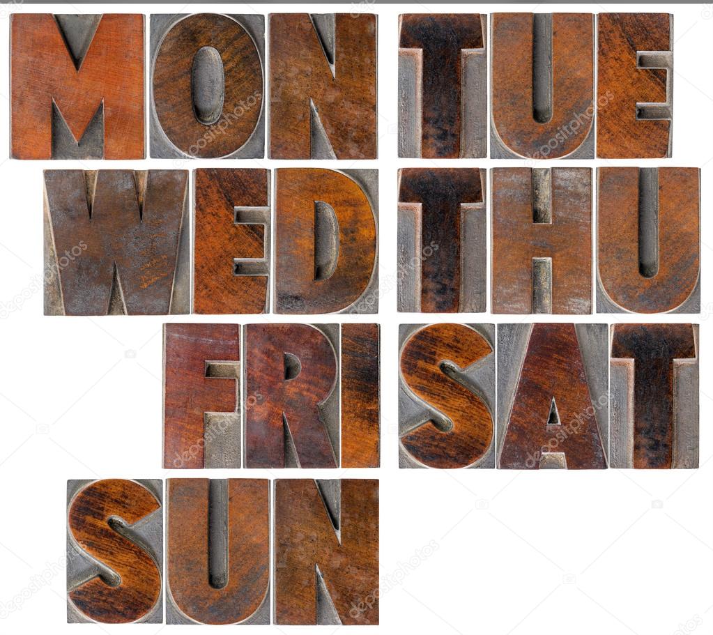 days of week in wood  type