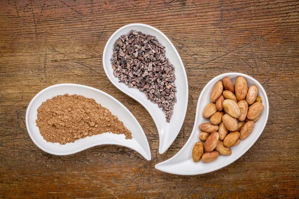 Cacao beans, nibs and powder — Stock Photo, Image