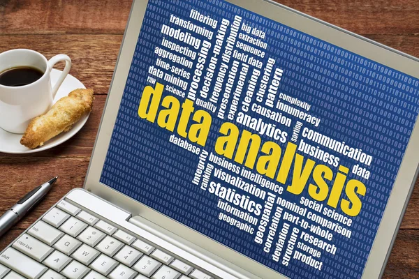 Análisis de datos palabra nube en el ordenador portátil —  Fotos de Stock