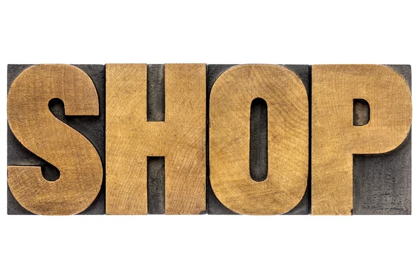Palavra da loja no tipo de madeira — Fotografia de Stock