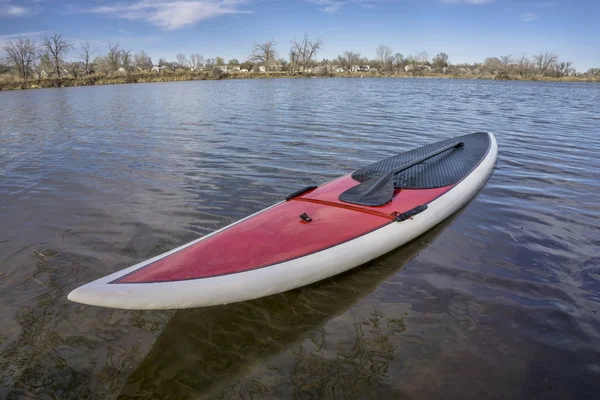 SUP paddleboard na costa do lago — Fotografia de Stock