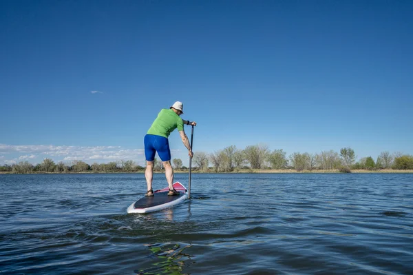 Senior male exercising on SUP paddleboard — Stock Photo, Image