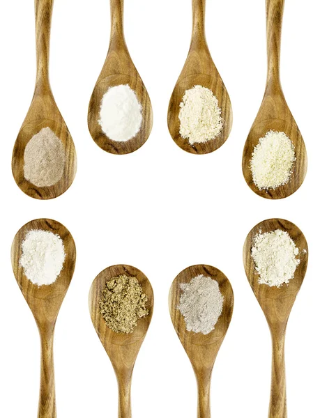 Gluten free flour spoon collection — Stock Photo, Image