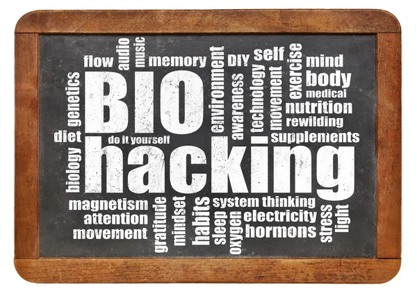 Biohacking word cloud on blackboard — Stock Photo, Image