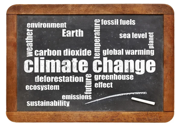 Klimatförändringar word cloud på blackboard — Stockfoto