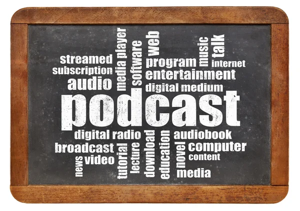 Podcast woord wolk op blackboard — Stockfoto