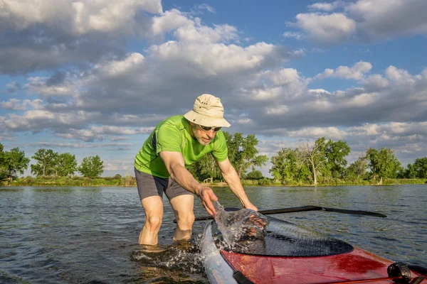 Мужской SUP paddler with paddleboard — стоковое фото