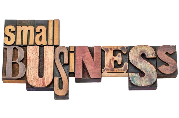 Tipografia de pequenas empresas em tipo de madeira — Fotografia de Stock