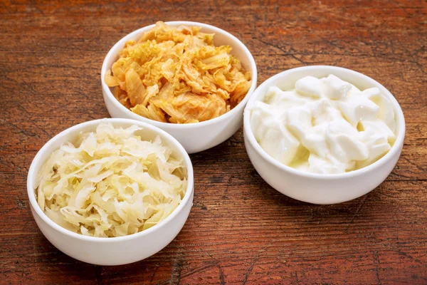 Sauerkraut, kimchi and yogurt — Stock Photo, Image