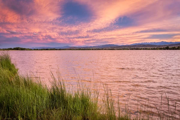 Rosa sol paisagem nublada sobre o lago — Fotografia de Stock