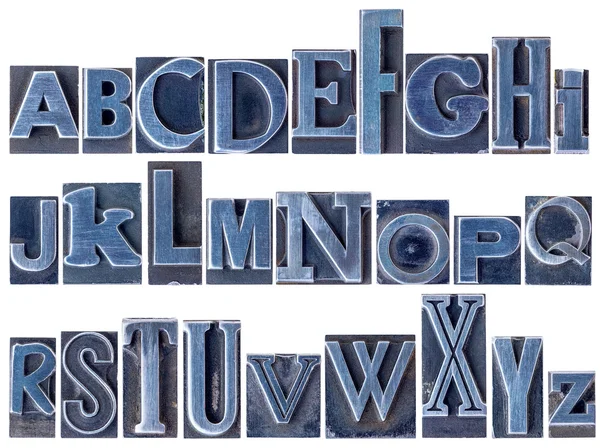 Alphabet in mixed letterpress metal type — Zdjęcie stockowe