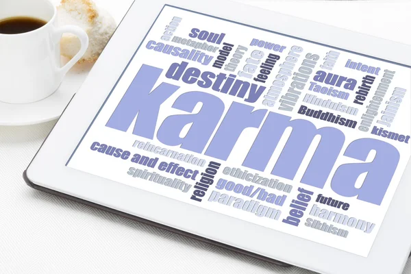 Karma-Wortwolke auf Tablet — Stockfoto