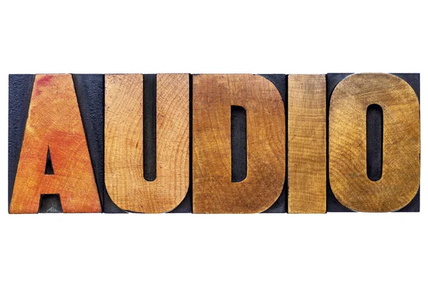 Audio - parola in letterpress tipo legno — Foto Stock