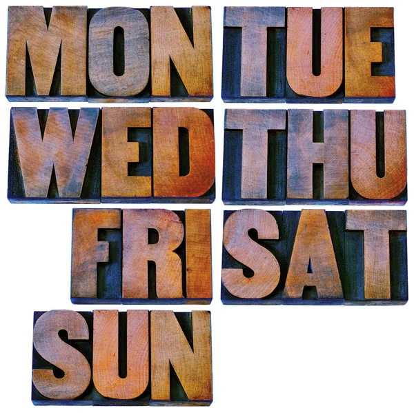 Ημέρες της εβδομάδας στο ξύλο letterpress πληκτρολογήστε — Φωτογραφία Αρχείου