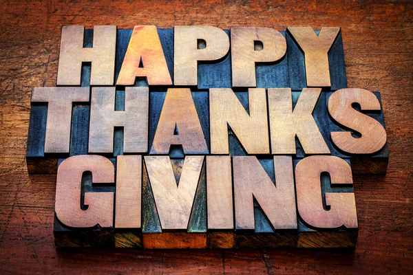Happy Thanksgiving in wood type — Stock Photo, Image