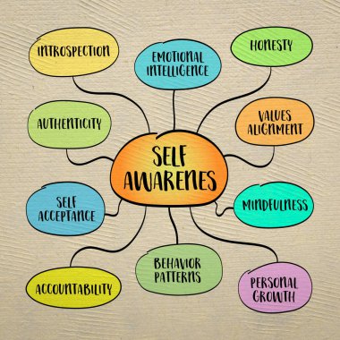 Kişisel farkındalık, düşüncelerinizi, duygularınızı, davranışlarınızı ve motivasyonlarınızı bilinçli olarak anlama yeteneği. Bilgi grafikleri çizimi.