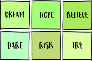 rüya, umut, inanç, cesaret, risk ve deneme - motive edici ve ilham verici kelimeler, bir dizi hatırlatma notları