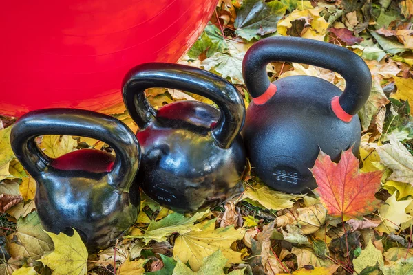 Kettlebells e bola de exercício — Fotografia de Stock