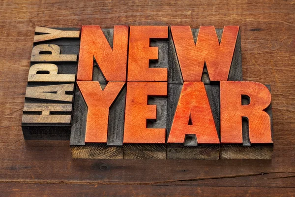 Happy New Year in wood type — Stock Photo, Image