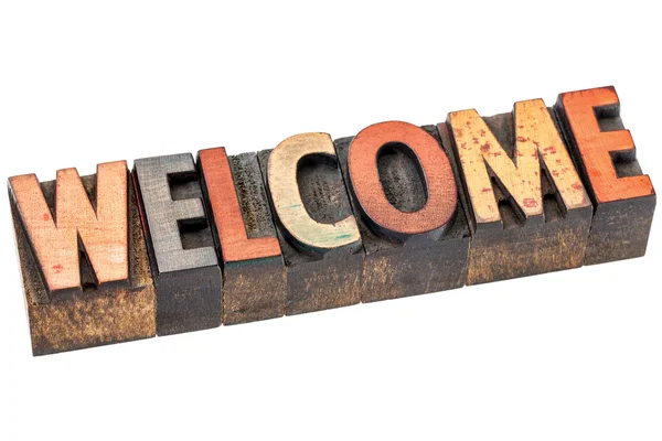 Welcome sign in vintage wood type — Stock Photo, Image