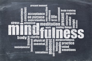 Mindfulness kelime bulutun üzerinde yazı tahtası