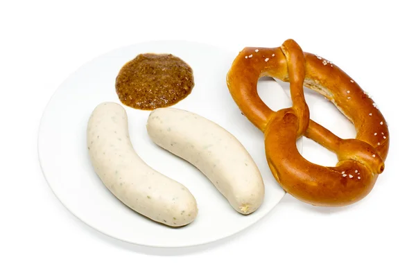 Salchichas blancas bávaras con mostaza dulce y pretzel — Foto de Stock