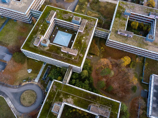 Aerial detail view of the famous Eiermann Campus in Stuttgart that was planned by famous Bauhaus architect Egon Eiermann from 1965 on and was used as an office space until 2009. Since then it is — Stock Photo, Image