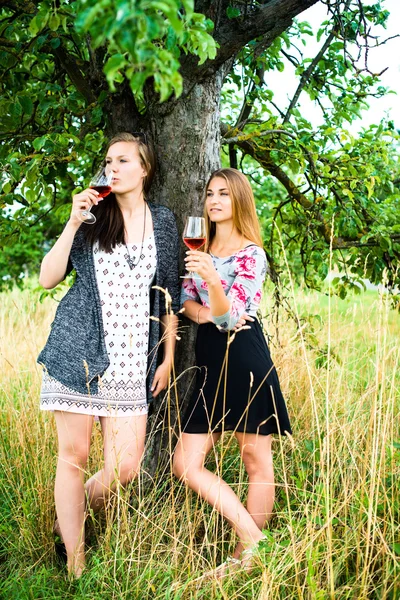 Zwei hübsche Mädchen im Garten unter einem Baum — Stockfoto