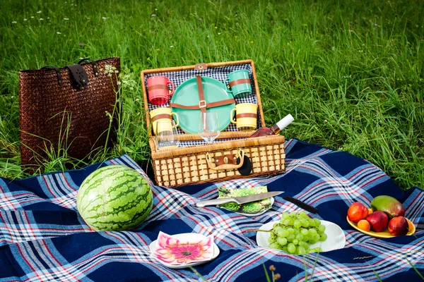 Piknik deka a košík — Stock fotografie