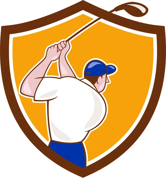Golfer Swinging Club Crest Cartoon — Stock Vector