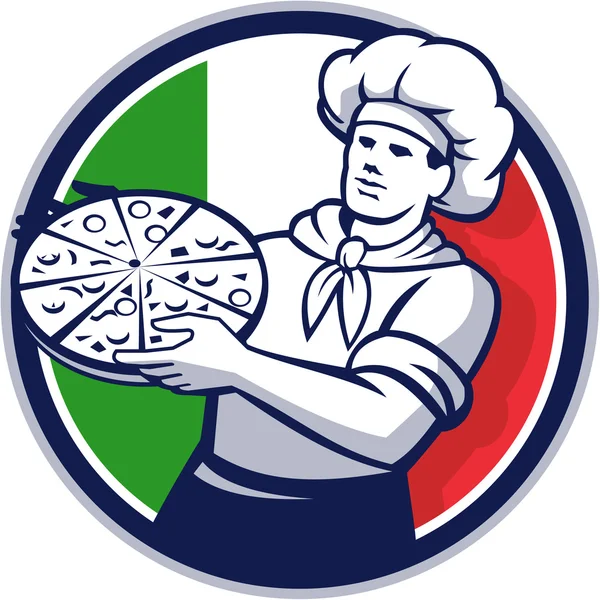 피자 요리사 홀딩 피자 이탈리아 플래그 서클 복고풍 — 스톡 벡터