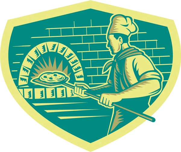 Pizza maker Holding Peel Crest Woodcut — Stock vektor