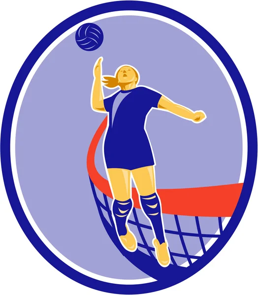 Joueur de volley-ball Spiking Ball ovale rétro — Image vectorielle
