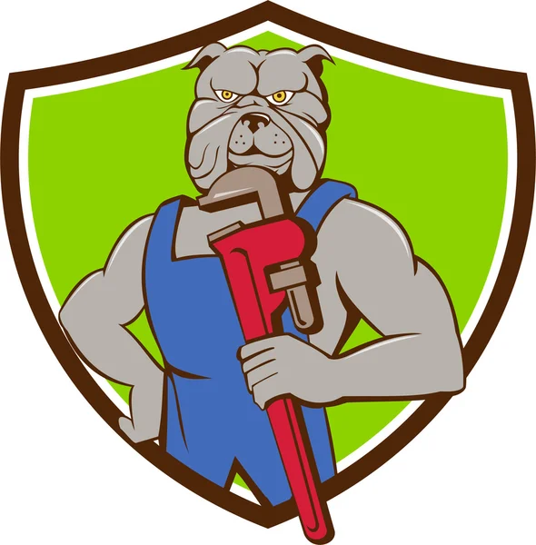 Bulldog rörmokare Monkey Wrench Crest Cartoon — Stock vektor