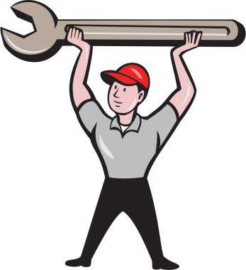 Mechanic Lifting Wrench Isolated Cartoon