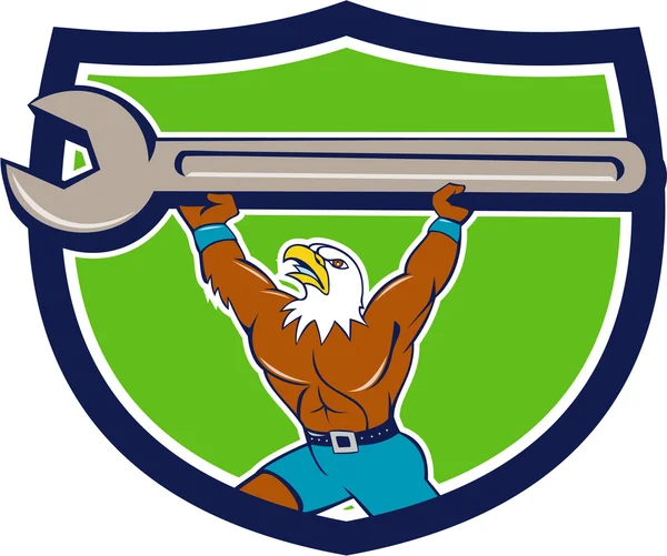 Americano calvo águila mecánica Spanner cresta de dibujos animados — Vector de stock