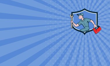 Business card Mechanic Spanner Toolbox Running Crest Cartoon