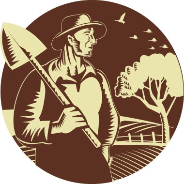 Organic Farmer Holding Shovel Farm Circle Woodcut