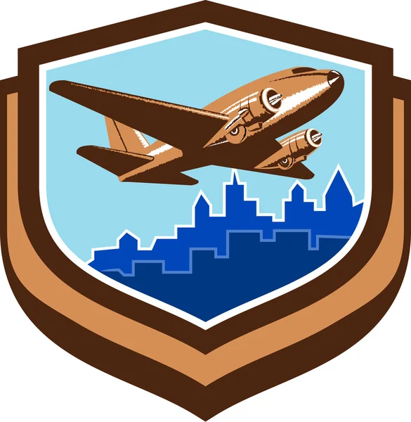 Vintage Airplane Take Off Cityscape Shield Retro — Stock Vector