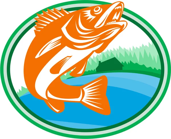 Cabina Walleye Fish Lake Oval Retro — Vector de stock