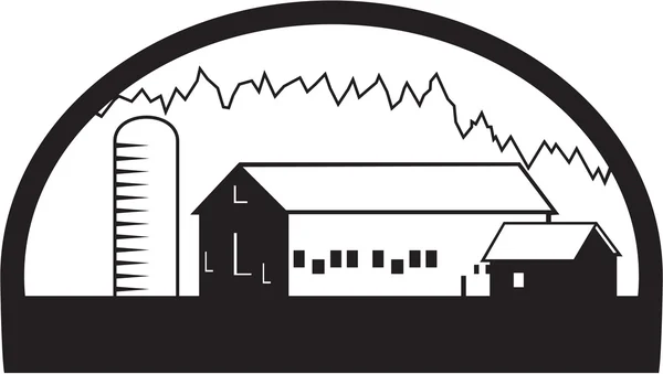 Farm Barn House Silo Black and White — Stock Vector