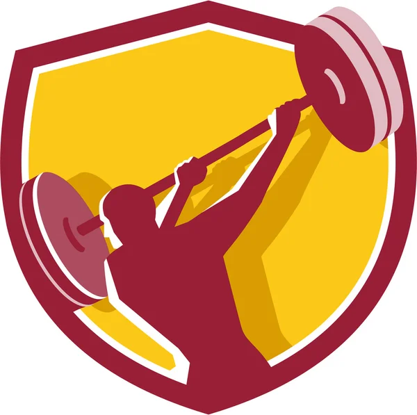 Weightlifter Swinging Barbell Rear Crest Retro — Stock Vector