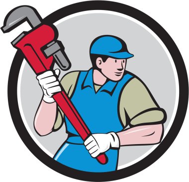 İngiliz anahtarı daire karikatür çalıştıran tesisatçı